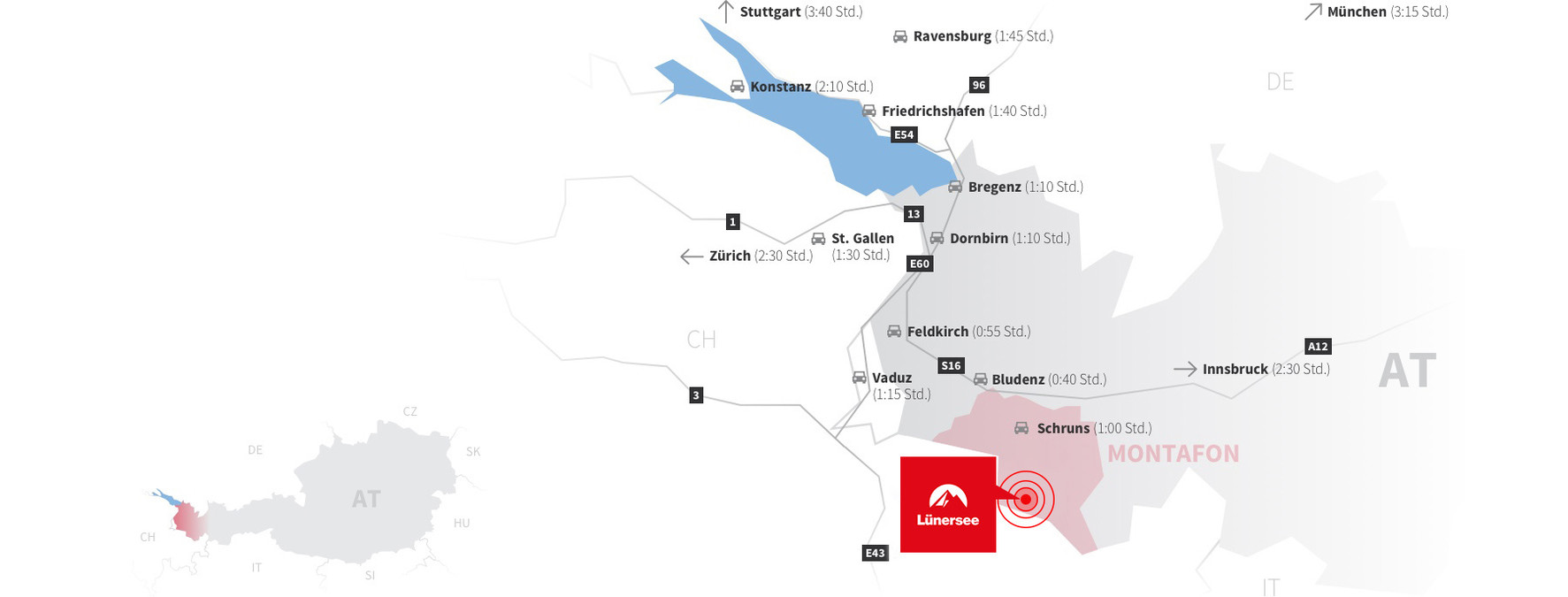 Anreisekarte (Auto) zum Lünersee im Brandnertal | © Golm Silvretta Lünersee Tourismus GmbH Bregenz