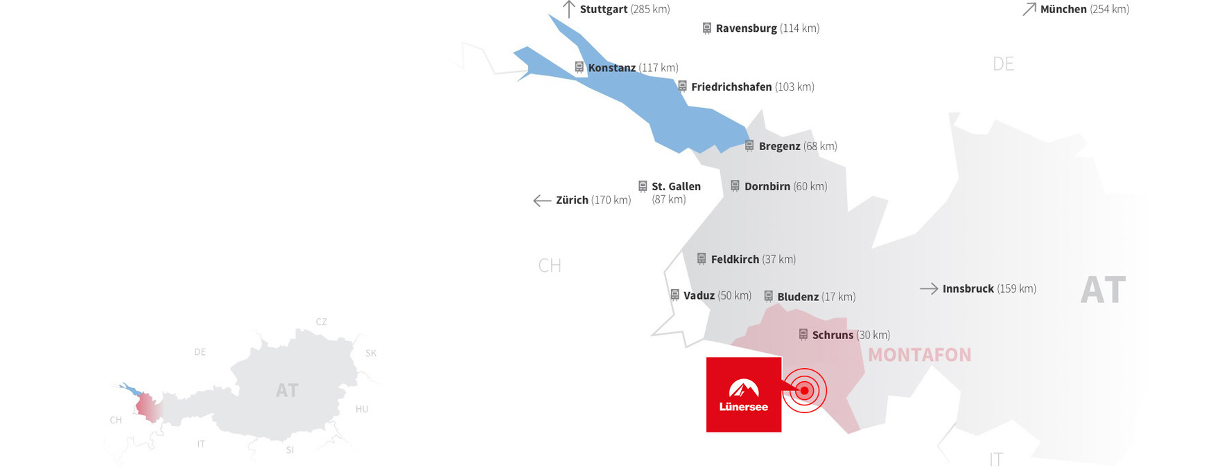Anreisekarte (Bahn) zum Lünersee im Brandnertal | © Golm Silvretta Lünersee Tourismus GmbH Bregenz